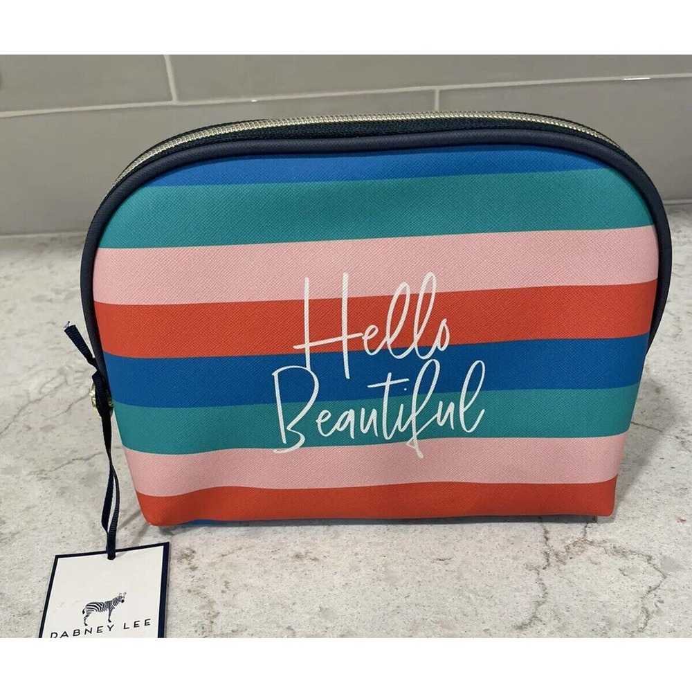Dabney Lee NWT HELLO BEAUTIFUL Stripe Cosmetic Travel Makeup Bag Case Lined Gold